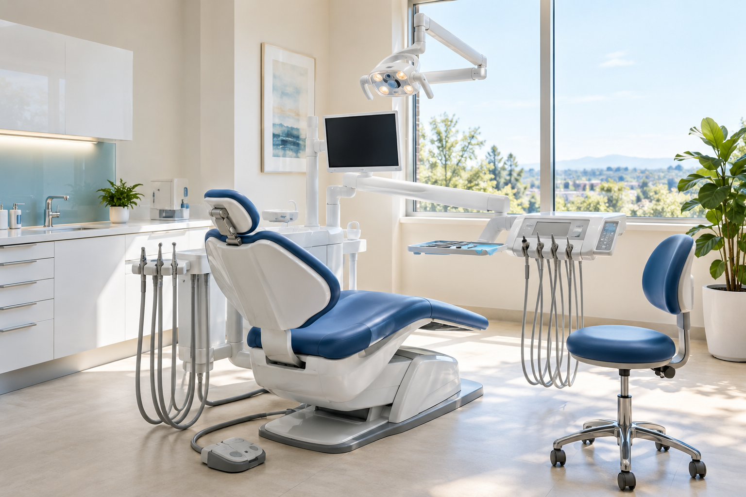 Ambiente odontológico ilustrativo, com cadeira azul e iluminação natural